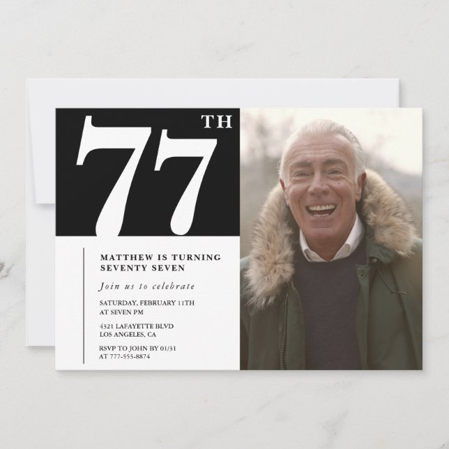 Black and White Men 77th birthday Invitation (Front)