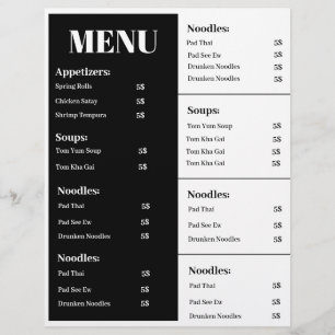 Black and white menu design, simple menu design flyer