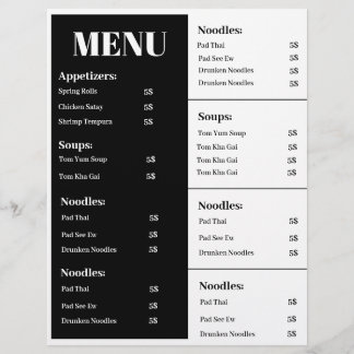 Black and white menu design, simple menu design flyer