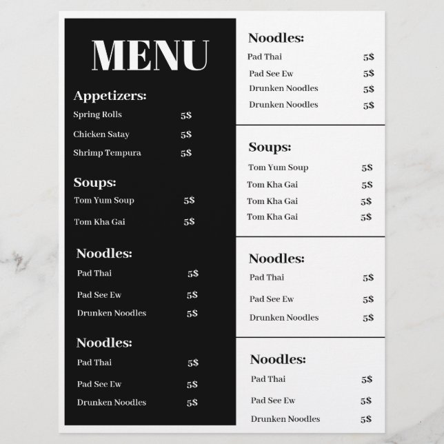 Black and white menu design, simple menu design flyer (Front)