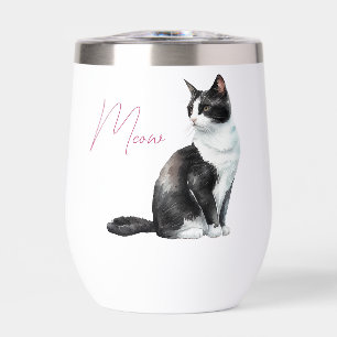 Black and White Meow Cat Thermal Wine Tumbler