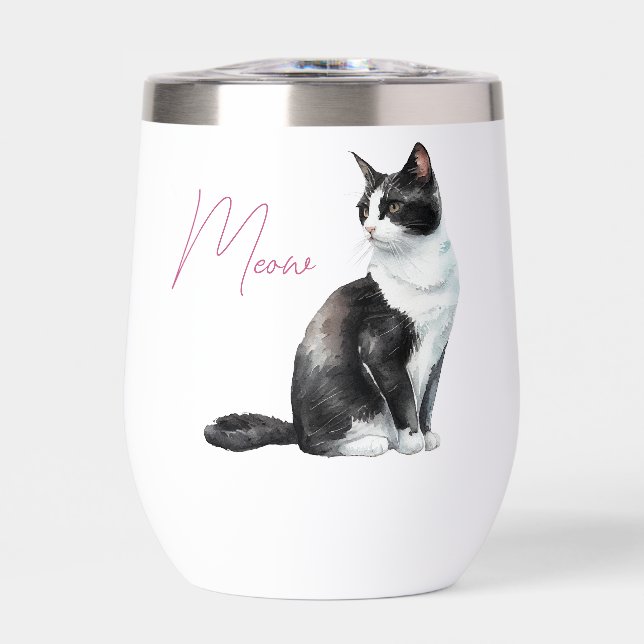 Black and White Meow Cat Thermal Wine Tumbler (Front)