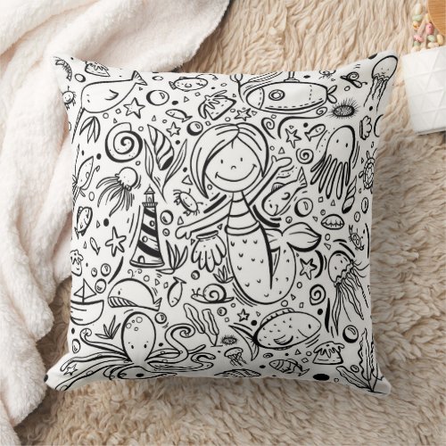 Black and White Mermaid and Animals Cartoon Throw Pillow