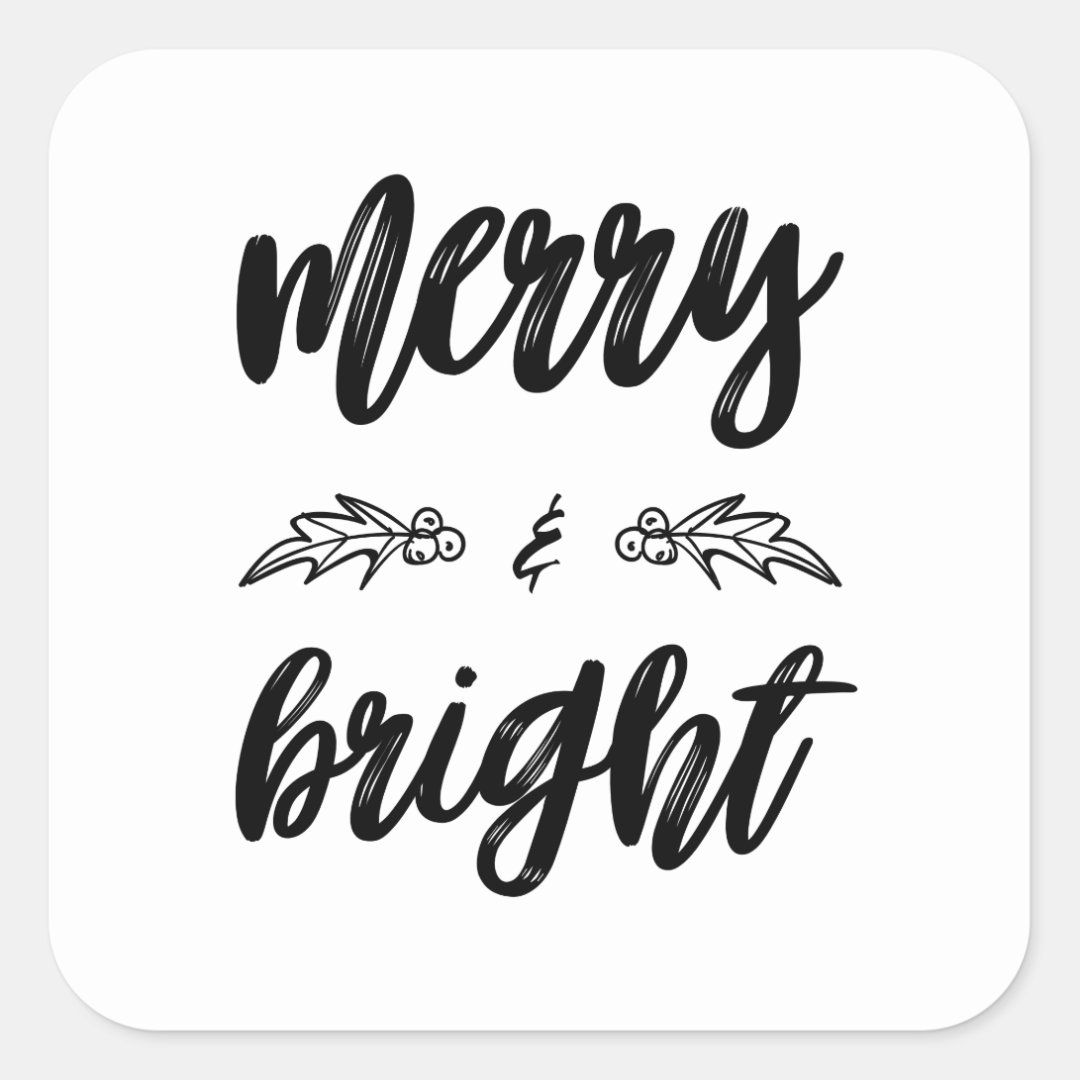 Black and White Merry and Bright Christmas Square Sticker | Zazzle