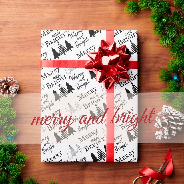  Black and White Merry and Bright Christmas Trees Wrapping Paper (Creator Uploaded)