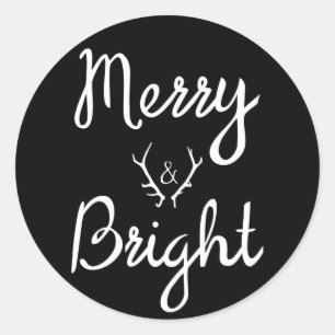Black and White Merry and Bright with Antlers Classic Round Sticker