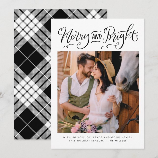 Black and White Merry Bright Photo Christmas Holiday Card (Front/Back)