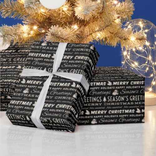 Black and White Merry Christmas Retro Typography Wrapping Paper