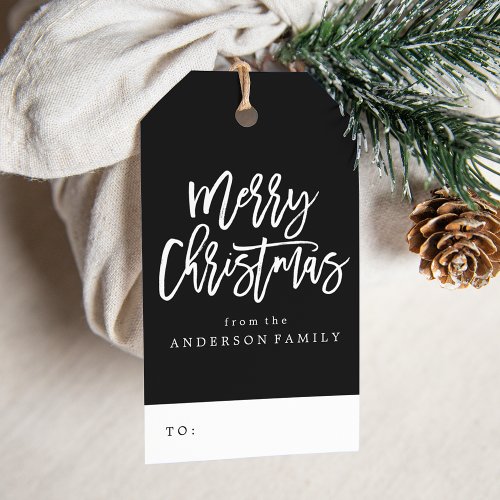 Black and White Merry Christmas Script Holiday Gift Tags