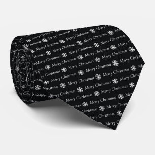 Black and White Merry Christmas Snowflake Men's Neck Tie