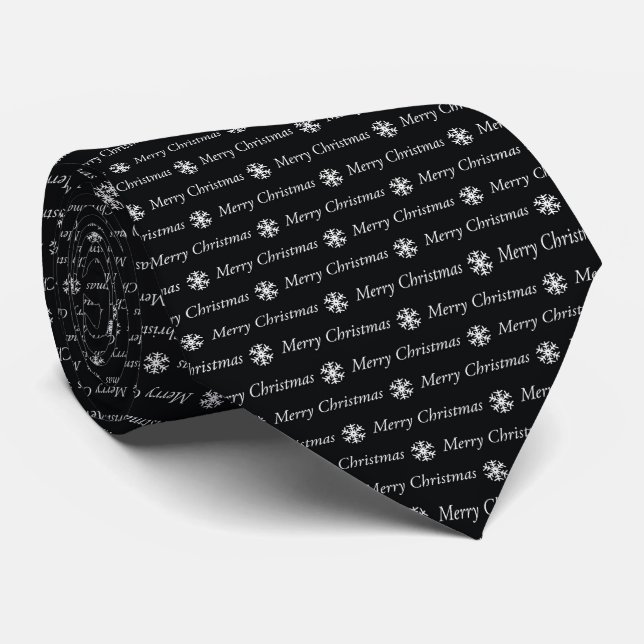 Black and White Merry Christmas Snowflake Men's Neck Tie (Rolled)