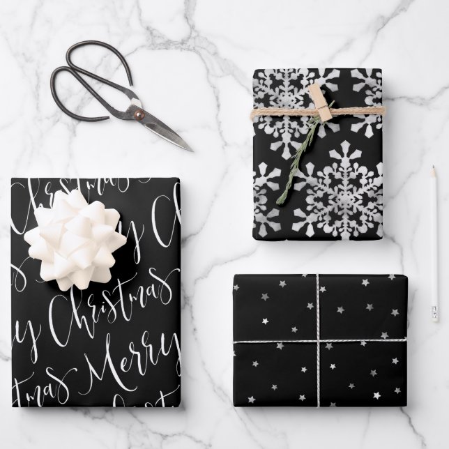 Black and white Merry Christmas Snowflakes set Wrapping Paper Sheets (Front)