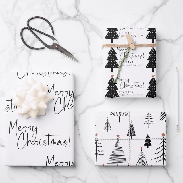 Black and White Merry Christmas Tree Name Wrapping Paper Sheets (Front)
