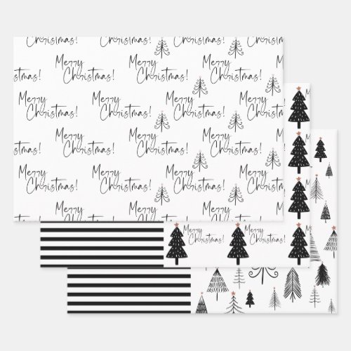 Black and White Merry Christmas Tree Stripe Wrapping Paper Sheets