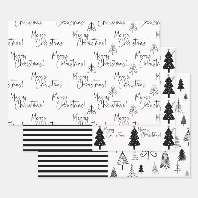 Black and White Merry Christmas Tree Stripe Wrapping Paper Sheets (Set)