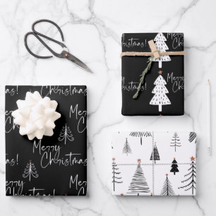 Black and White Merry Christmas Tree  Wrapping Paper Sheets