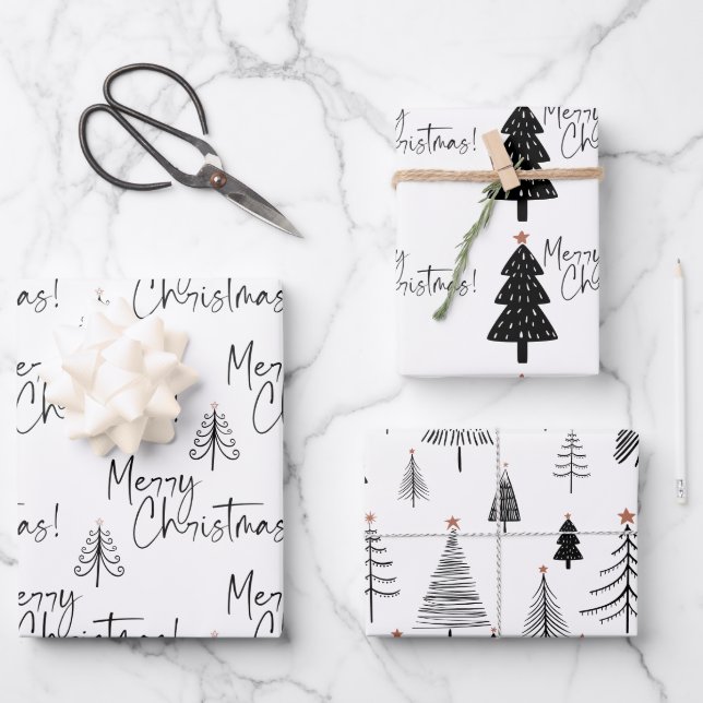 Black and White Merry Christmas Tree Wrapping Paper Sheets (Front)