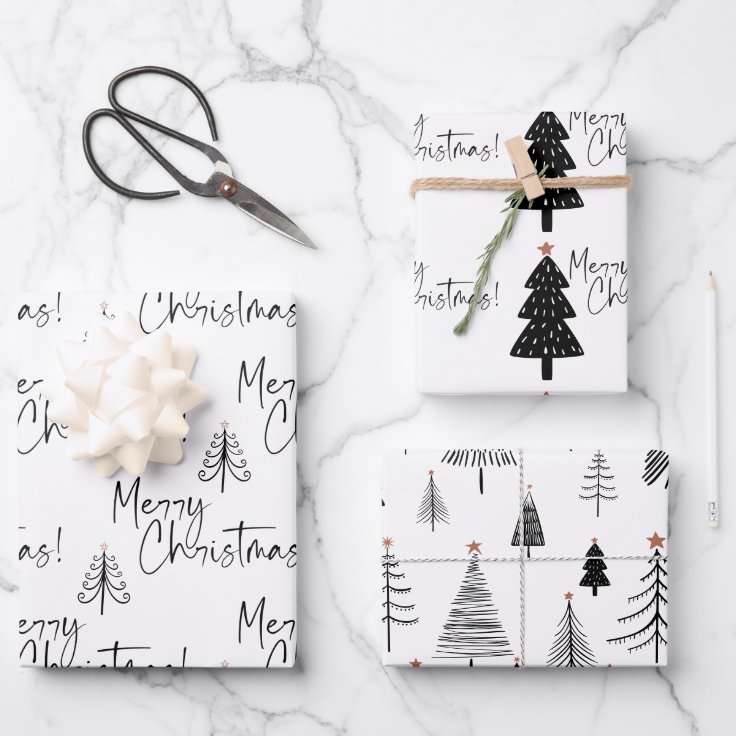 Black and White Merry Christmas Tree Wrapping Paper Sheets Zazzle