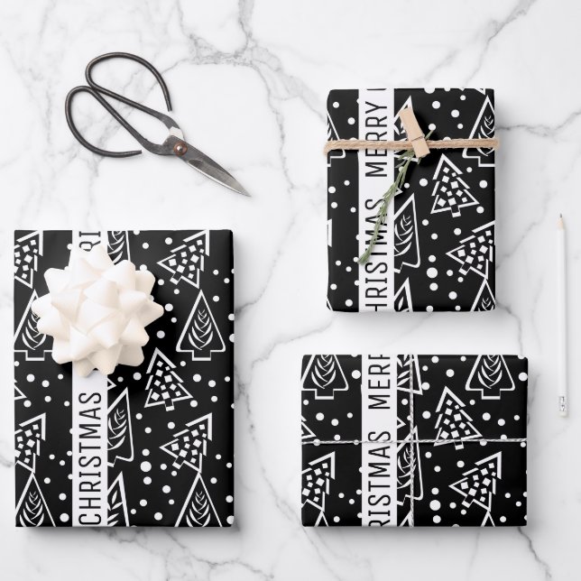 Black and white Merry Christmas trees holiday Wrapping Paper Sheets (Front)