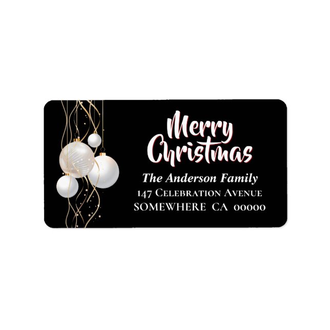 Black and White Merry Christmas with Baubles Label (Front)