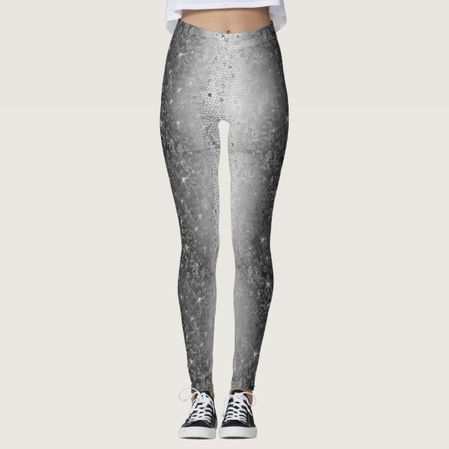 Black and White Metallic Glitter Sparkle Leggings (Front)