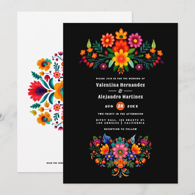 Black and White Mexican Folk Art Fiesta Wedding Invitation (Front/Back)
