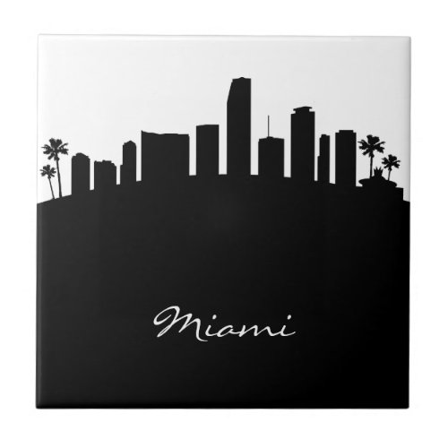 Black and White Miami Skyline Ceramic Tile