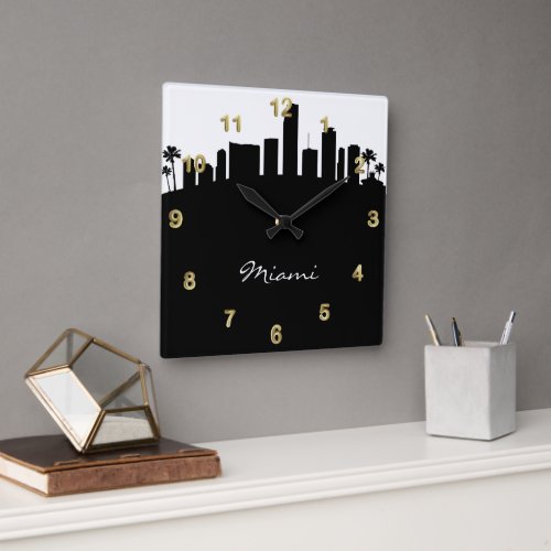 Black and White Miami Skyline Square Wall Clock