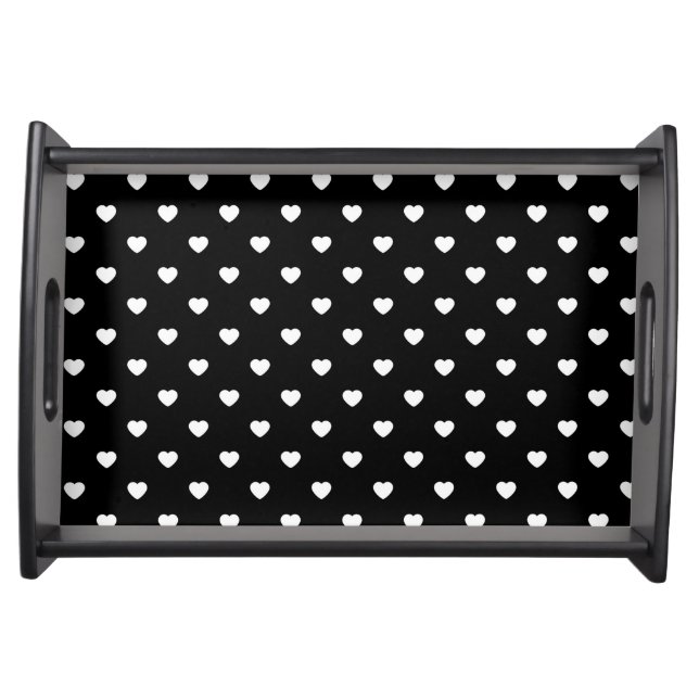 Black and White Mini Hearts Polka Dot Pattern Serving Tray (Front)