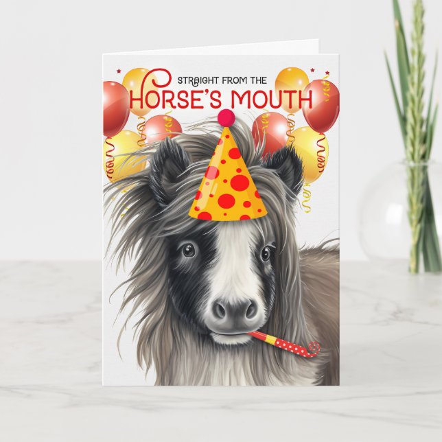 Black and White Miniature Horse Funny Birthday Card (Front)
