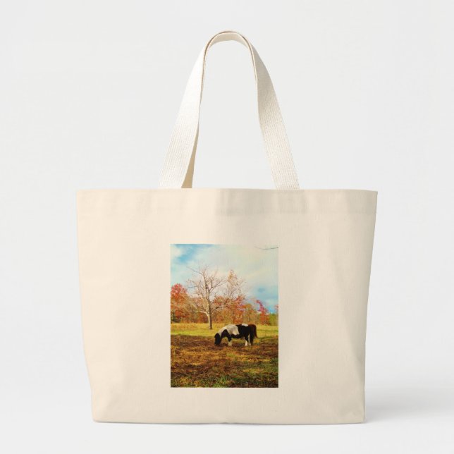 Black and White Miniature Pony / Horse Large Tote Bag (Front)