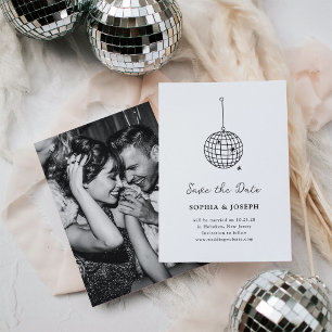 Black and White Minimal Disco Ball Save the Date Letterpress Photo Cards
