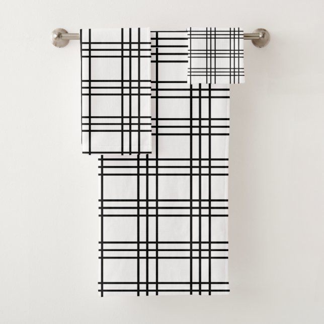 Black and White Minimal Modern Plaid Tartan  Bath Towel Set (Insitu)