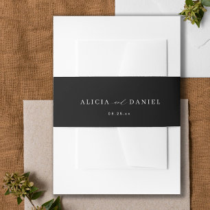 Black and white minimal script wedding invitation belly band