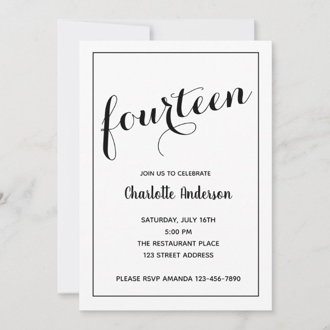 Black and White Minimalist 14th Birthday Invitatio Invitation (Front)