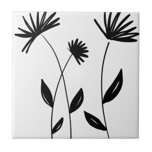 black and white minimalist abstract flowers ceramic tile