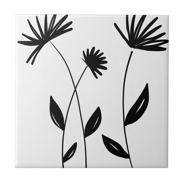 black and white minimalist abstract flowers ceramic tile (Front)