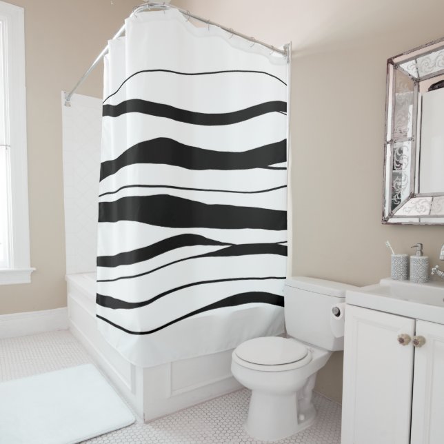 Black and White Minimalist Abstract Lines Shower Curtain (In Situ)