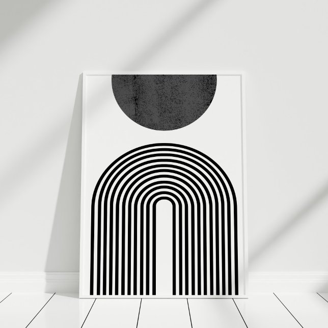 Black and White Minimalist Arc and Circle Abstract Poster (Black and White Boho Sun and Rainbow Wall Art against white wall in white frame.)