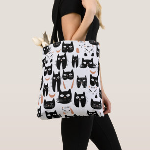 Black and White Minimalist Cat Pattern Tote Bag