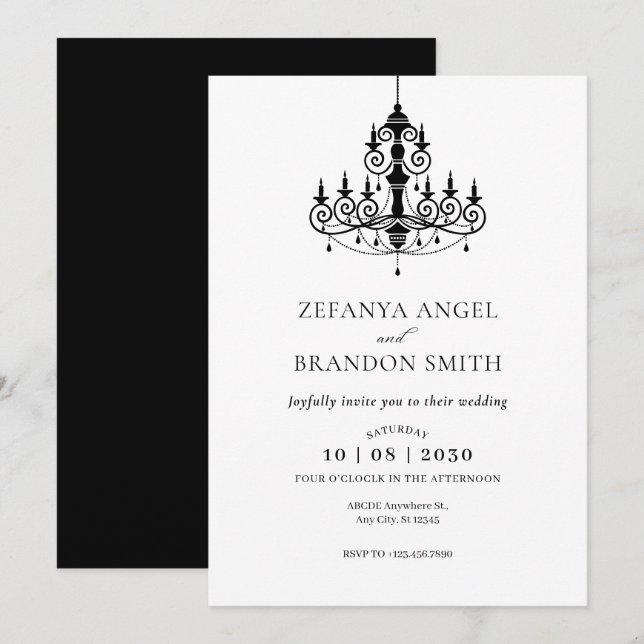Black and white minimalist chandelier wedding  invitation (Front/Back)
