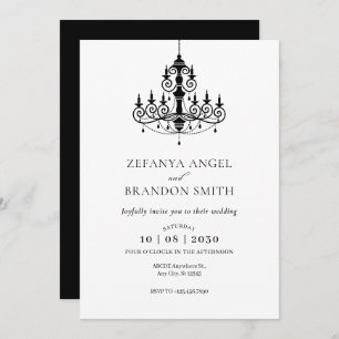 Black and white minimalist chandelier wedding invitation