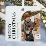 Black and White Minimalist Christmas Photo Metal Ornament<br><div class="desc">Modern christmas ornament featuring a minimalist white background,  a photo template,  the seasons greetings 'merry christmas',  your family name,  and the year. The photo of the happy couple in the snow is for display purposes only and should be replaced with your own image.</div>