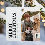 Black and White Minimalist Christmas Photo Metal Ornament<br><div class="desc">Modern christmas ornament featuring a minimalist white background,  a photo template,  the seasons greetings 'merry christmas',  your family name,  and the year. The photo of the happy couple in the snow is for display purposes only and should be replaced with your own image.</div>