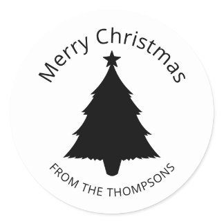 Black And White Minimalist Christmas Tree And Star Classic Round Sticker