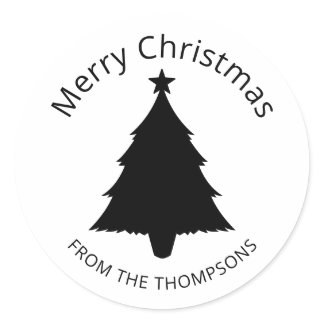 Black And White Minimalist Christmas Tree And Star Classic Round Sticker