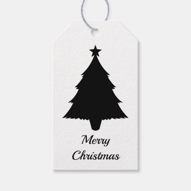 Black And White Minimalist Christmas Tree Shape Gift Tags (Front)