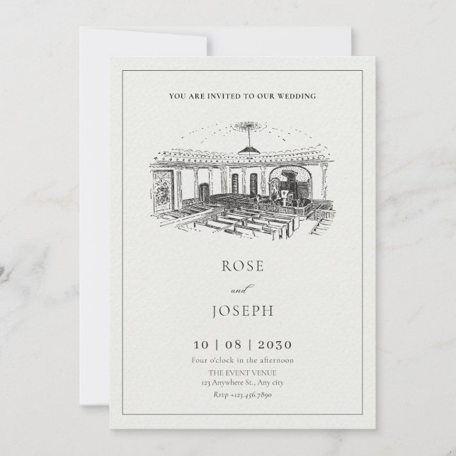Black and white minimalist church wedding invitation (Front)