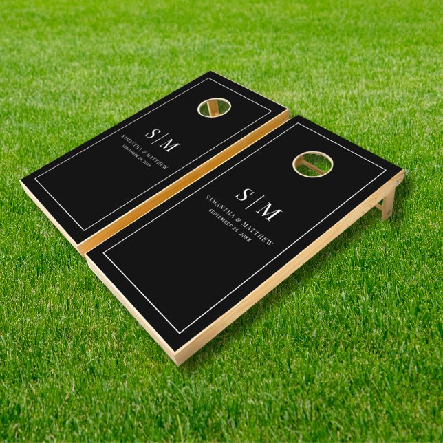 Black and White Minimalist Couple Initials Wedding Cornhole Set (Elegant Couple Monogram Initials Wedding Cornhole Set
)