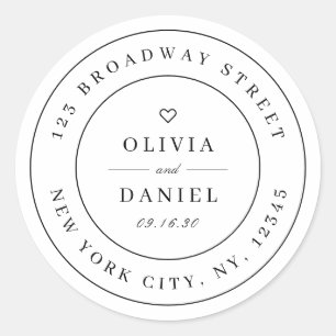 Black and white minimalist couples return address classic round sticker